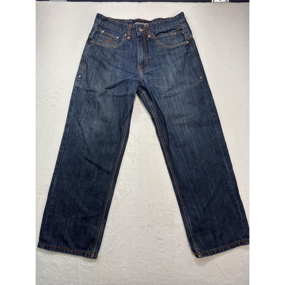 Rocawear Jeans Mens 32x32 Blue Denim Straight Leg Relaxed Fit Embroidered